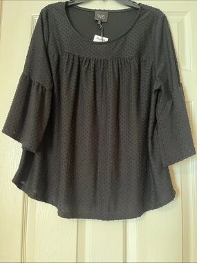 W5 Black Textured Swiss Dot Peasant Blouse
